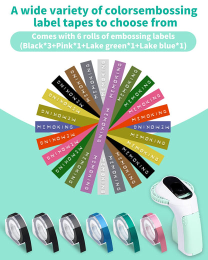 Embossing Label Maker-Memoking E975 3D Embossed Label Maker with 6 Rolls Embossing Tape, Handheld Embosser Sticker Maker, Portable Lettering Labelling Machine for Home, DIY Crafting (Green)
