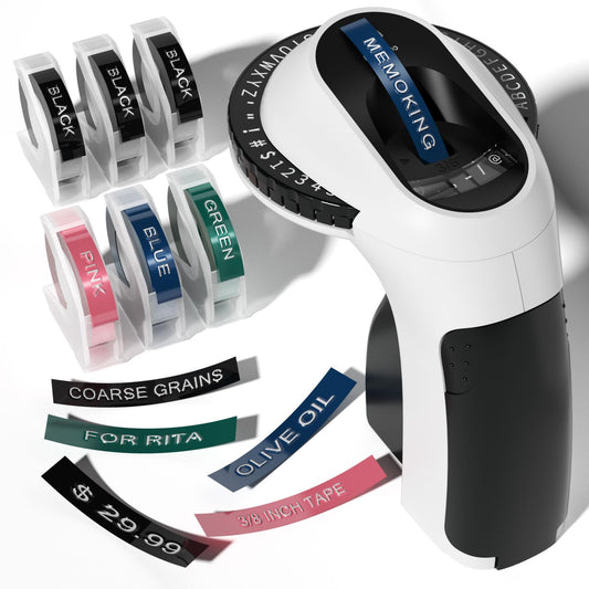 Memoking Embossing Label Maker Machine-E975 3D Embossed Label Maker with 6 Rolls Emboss Tapes, Handheld Embosser Labelling Machine, Lettering Label Maker Embossing for Home, Office and DIY (Black)