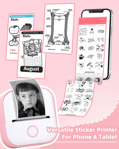 Memoking Mini Sticker Printer - T02 Small Thermal Printer for Phone, Portable Wireless Receipt Printers with 3 Rolls Paper for Children's Day Birthday, Compatible with iOS & Android, Pink