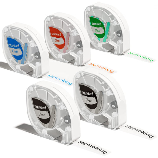 Memoking P12 Pro Transparent Label Tape Original, Compatible with Dymo LetraTag LT-100H Refills,12mm x 4m,Heat Resistant Self Adhesive, Color on Transparent,5 Pack, Used for Jar, Date, Classification