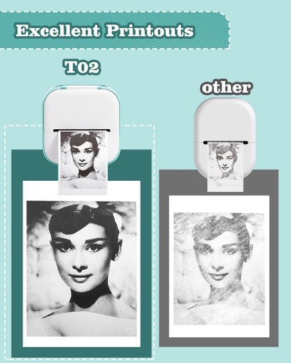 Mini Printer - Sticker Printer T02 Portable Thermal Printer Inkless Sticker Maker Machine Pocket Bluetooth Receipt Printers Phone Printer for Learning, Study Notes, Anatomical Diagram, Photos, Journal