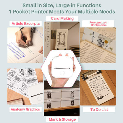 Mini Printer - T02 Bluetooth Inkless Instant Photo Printer, Small Thermal Pocket Sticker Printer, Portable Mobile Phone Picture Printer, for Students, Gift, Receipts, White (Bunny Case Not Included)