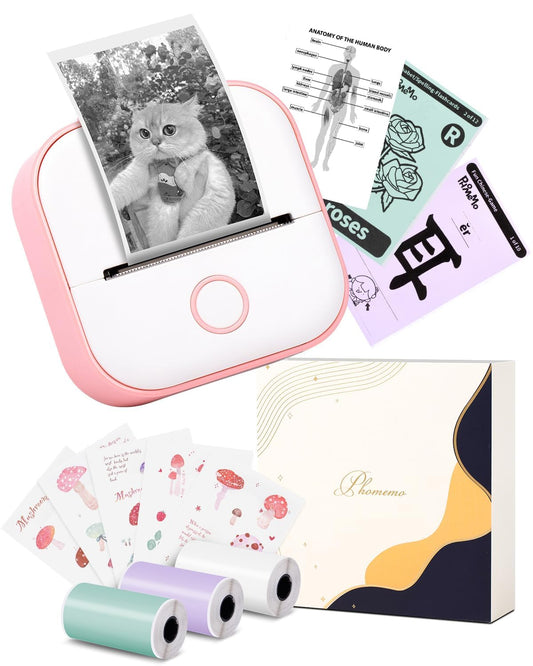 Memoking T02 モバイルプリンター ミニプリンター サーマルプリンター 手帳プリンター 勉強用 プリンター 203dpi スマホ専用 モノクロ 感熱式 フォトプリンター 充電でき ギフト プレゼント葉書 写真 メモ 手帳 リスト 予定表 53mm幅 カラーロール紙３個付 ピンク