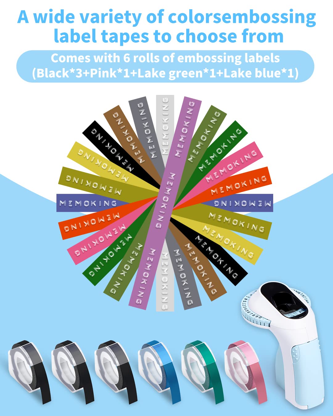 Embossing Label Maker-Memoking E975 3D Embossed Label Maker with 6 Rolls Embossing Tape, Handheld Embosser Sticker Maker, Portable Lettering Labelling Machine for Home, DIY Crafting (Blue)