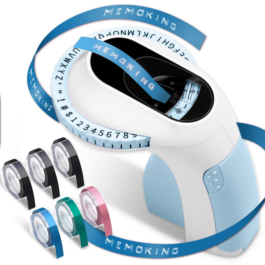 Embossing Label Maker-Memoking E975 3D Embossed Label Maker with 6 Rolls Embossing Tape, Handheld Embosser Sticker Maker, Portable Lettering Labelling Machine for Home, DIY Crafting (Blue)