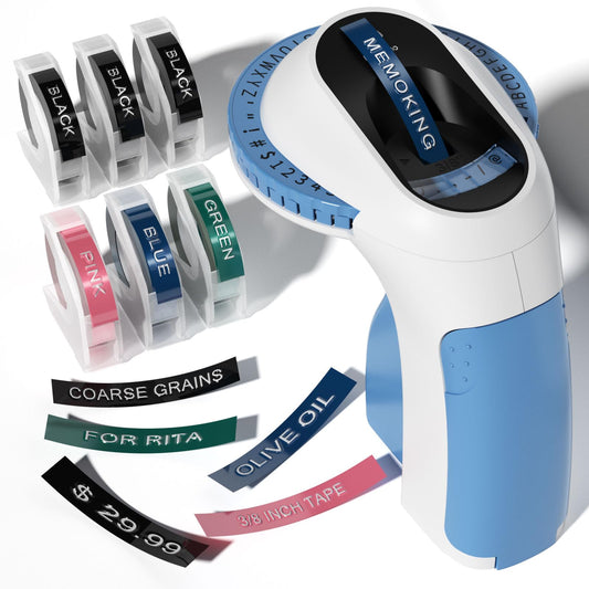 Memoking Embossing Label Maker with 6 Rolls of 3/8'' (9mm) Emboss Tapes-E975 3D Embossed Label Maker Machine, Handheld Label Embossing Machine, Vintage Label Maker for Home, Office and DIY (Blue)