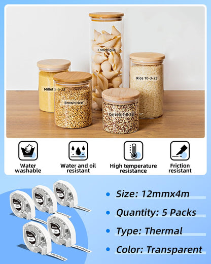 Memoking Label Maker Tape for Dymo Letratag Refills Clear Dymo Label Maker Refills Transparent, P12 Pro Label Tape Compatible with Dymo Lt-100H Lt-100T Lt-110T Qx50 Label Maker, 5 Rolls, 12mmx4m/Roll
