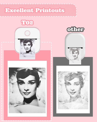 Memoking Mini Sticker Printer - T02 Small Thermal Printer for Phone, Portable Wireless Receipt Printers with 3 Rolls Paper for Children's Day Birthday, Compatible with iOS & Android, Pink