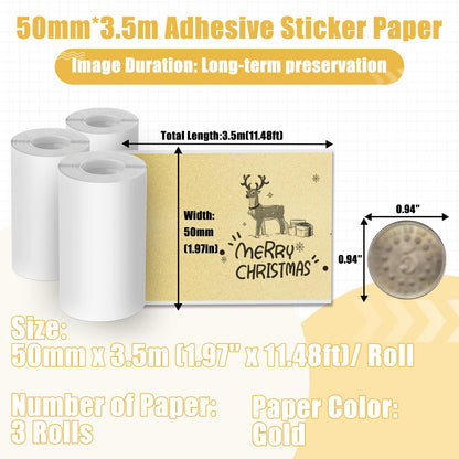 Memoking Gold Thermal Sticker Paper, M02 Printer Paper for Mini Printer M02 M02Pro M02S M03 M03AS M04S M04AS, 50mmx3.5m/Roll, Black on Gold, 3 Rolls, Compatible with Phomemo Printer Paper