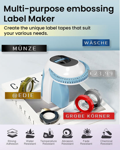 Memoking Embossed Label Maker Machine with 6 Rolls of 3/8'' (9mm) Emboss Tapes-E975 3D Embossing Label Maker Machine, Handheld Embossing Label Maker, Vintage Label Maker for Home, Office and DIY (Blue)