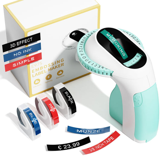 Memoking E975 Étiqueteuse 3D avec 3 rouleaux d'étiquettes, appareil de gaufrage portatif avec gaufrage, appareil de gaufrage portable pour la maison, le bricolage (£/€, Ä, Ö, Ü)