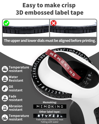 Memoking Embossing Label Maker Machine-E975 3D Embossed Label Maker with 6 Rolls Emboss Tapes, Handheld Embosser Labelling Machine, Lettering Label Maker Embossing for Home, Office and DIY (Black)