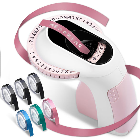 Embossing Label Maker-Memoking E975 3D Embossed Label Maker with 6 Rolls Embossing Tape, Handheld Embosser Sticker Maker, Portable Lettering Labelling Machine for Home, DIY Crafting (Pink)