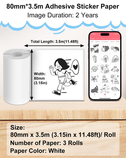 Memoking White Adhesive Sticker Thermal Paper, 80mm x 3.5m/Roll, for M04S M04AS M03S M03AS Printer Paper, Memoking Sticker Paper Compatible with Phomemo Printer Paper, Black Text, 3Rolls