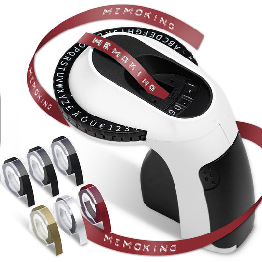 Memoking Etiqueteuse de Gaufrage avec 6 Rubans d'étiquettes,E975 3D Etiqueteuse Manuelle, Machine Etiquette Autocollantes pour la Maison, Le Bricolage et Les travaux manuels (£/€, Ä, Ö, Ü) Noir
