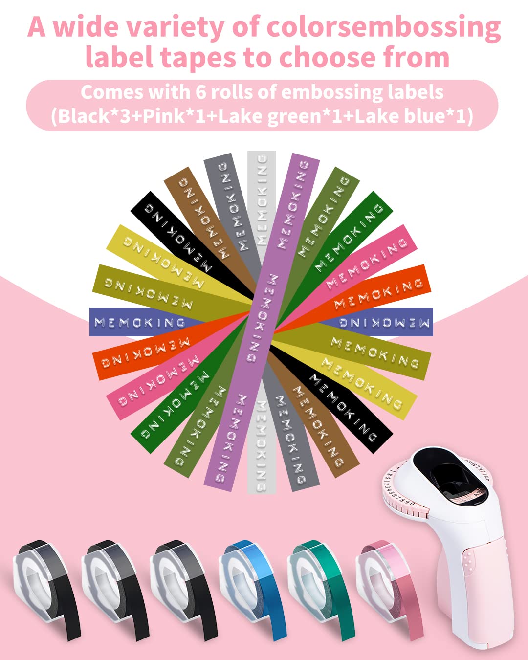 Embossing Label Maker-Memoking E975 3D Embossed Label Maker with 6 Rolls Embossing Tape, Handheld Embosser Sticker Maker, Portable Lettering Labelling Machine for Home, DIY Crafting (Pink)