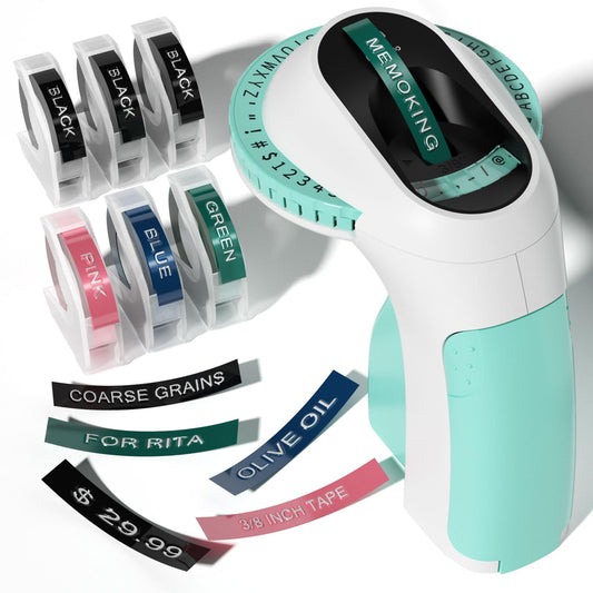 Memoking Embossed Label Maker Machine-E975 3D Label Maker Machine with 6 Rolls of 3/8''(9mm) Label, Handheld Embosser Labelling Machine, Lettering Embossing Label Maker for Home, Office and DIY (Green)