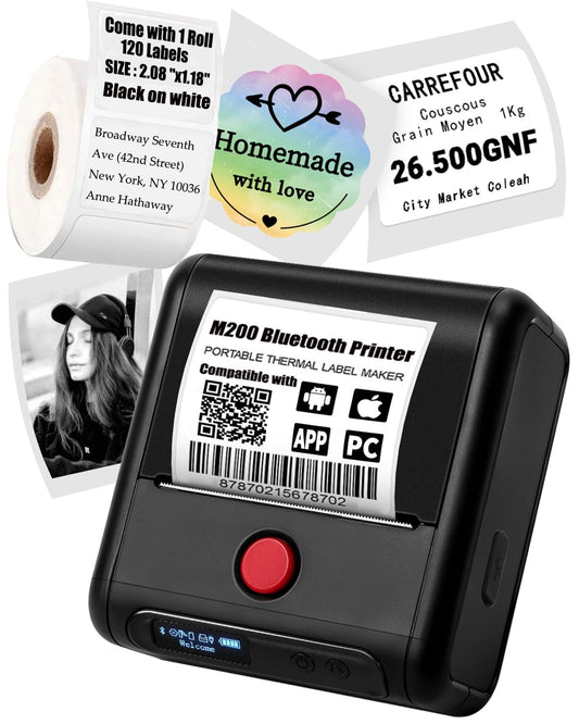 Portable Label Maker 1Roll - 3'' Bluetooth Thermal Label Printer for Labeling Products - M200 Barcode Printer and Scanner for Phone&Pad&PC, Wireless Label Makers for Labels/Photo/Logo