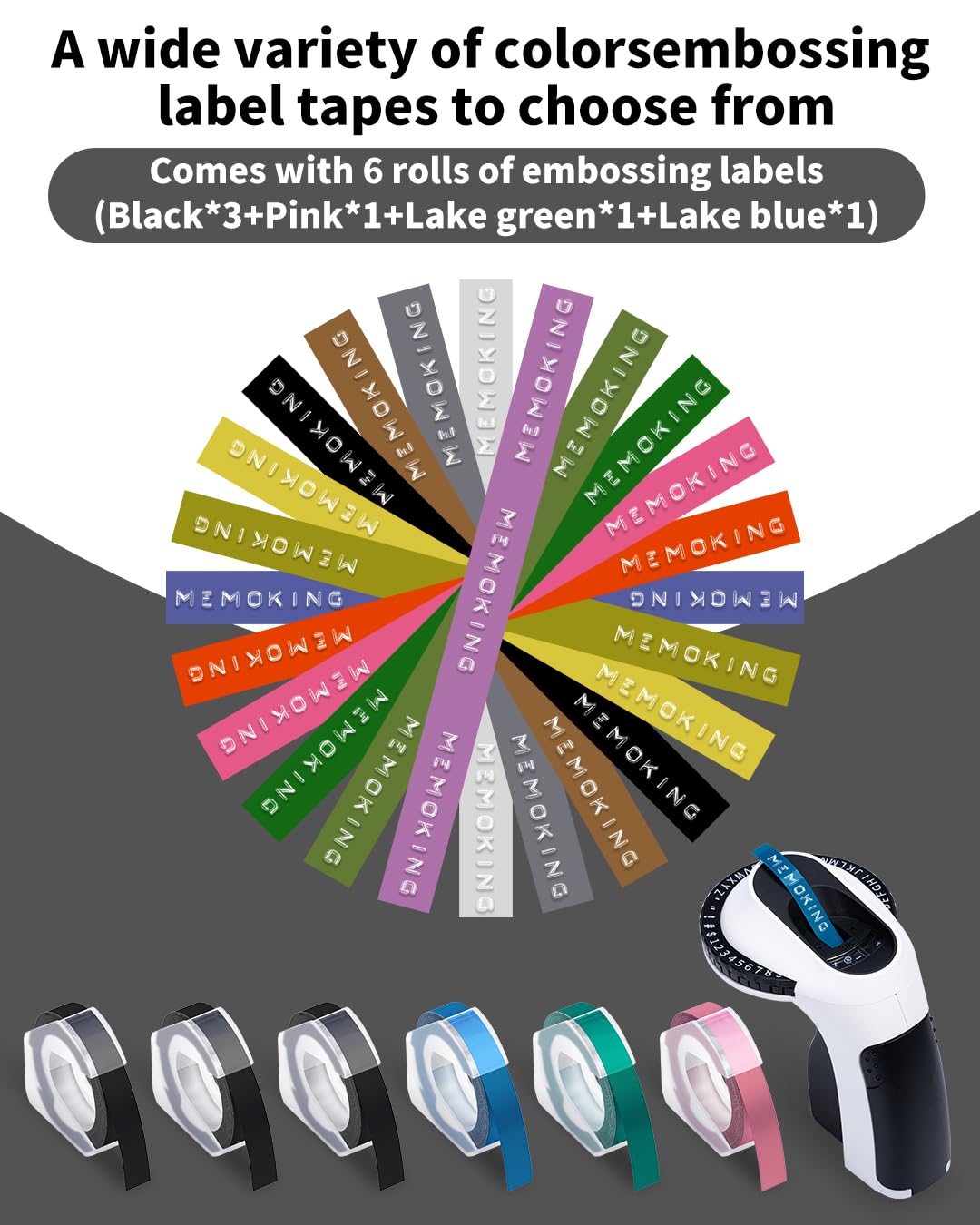 Embossing Label Maker-Memoking E975 3D Embossed Label Maker with 6 Rolls Embossing Tape, Handheld Embosser Sticker Maker, Portable Lettering Labelling Machine for Home, DIY Crafting (Black)
