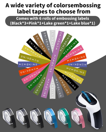 Embossing Label Maker-Memoking E975 3D Embossed Label Maker with 6 Rolls Embossing Tape, Handheld Embosser Sticker Maker, Portable Lettering Labelling Machine for Home, DIY Crafting (Black)
