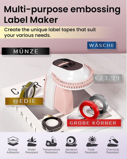 Memoking Embossed Label Maker Machine-E975 3D Embossing Label Makers with 6 Rolls Label Emboss, Handheld Vintage Embosser, Lettering Embossing Label Maker for Home, Kitchen, Gift, Organization (Pink)