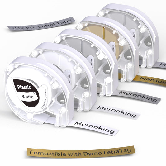 Compatible with Dymo LetraTag LT-100H 200B Refills, Durable Thermal Label Tape, Memoking P12 Pro Label Maker, 12mm x 4m, Thermal Heat Resistant Self Adhesive, 5 Pack,Used for Jar, Date