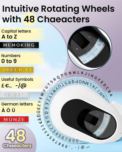 Memoking E975 Beschriftungsgerät mit 6 Rollen Prägebändern, 3D Handgerät Etiketten Prägegerät Selbstklebend Etikettendrucker mit Prägung, Tragbare Label Drucker (£/€, Ä, Ö, Ü)