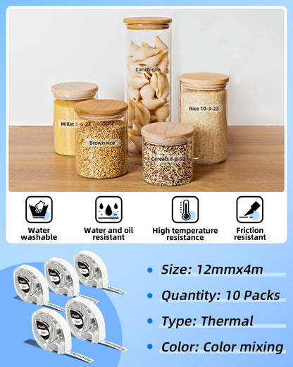 Compatible with Dymo LetraTag LT-100H 200B Refills, Durable Thermal Label Tape, Memoking P12 Pro Label Maker, 12mm x 4m, Thermal Heat Resistant Self Adhesive, 5 Pack,Used for Jar, Date