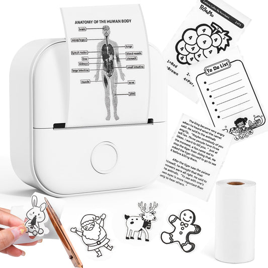 Memoking Mini Stampante - T02 Piccola Stampante Fotografica Istantanea Bluetooth Portatile in Bianco e Nero per DIY Journal Creazione di Diario Regalo per Bambini, Compatibile con iOS Android, Bianco