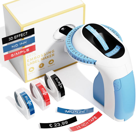Memoking E975 Zelfklevende 3D-reliëfmachine, etiketten met 3 rollen reliëf, draagbare labelprinter met reliëf, draagbare labelprinter voor organisatie, doe-het-zelf