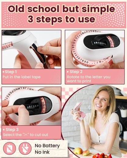 Memoking Embossed Label Maker Machine-E975 3D Embossing Label Makers with 6 Rolls Label Emboss, Handheld Vintage Embosser, Lettering Label Maker Embossing for Home, Kitchen, Gift, Organization (Pink)