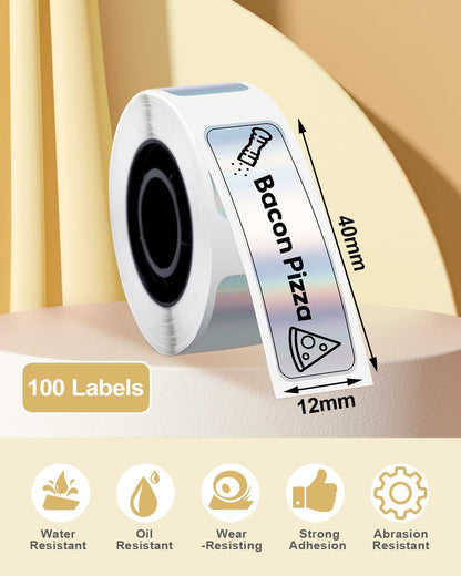 D30 Labels - D30 Thermal Self-Adhesive Label, 3/8"× 1 1/2" (12mm×40mm), 100 Labels/Roll, Compatible with Phomemo D30 Label Maker, Holographic Silver