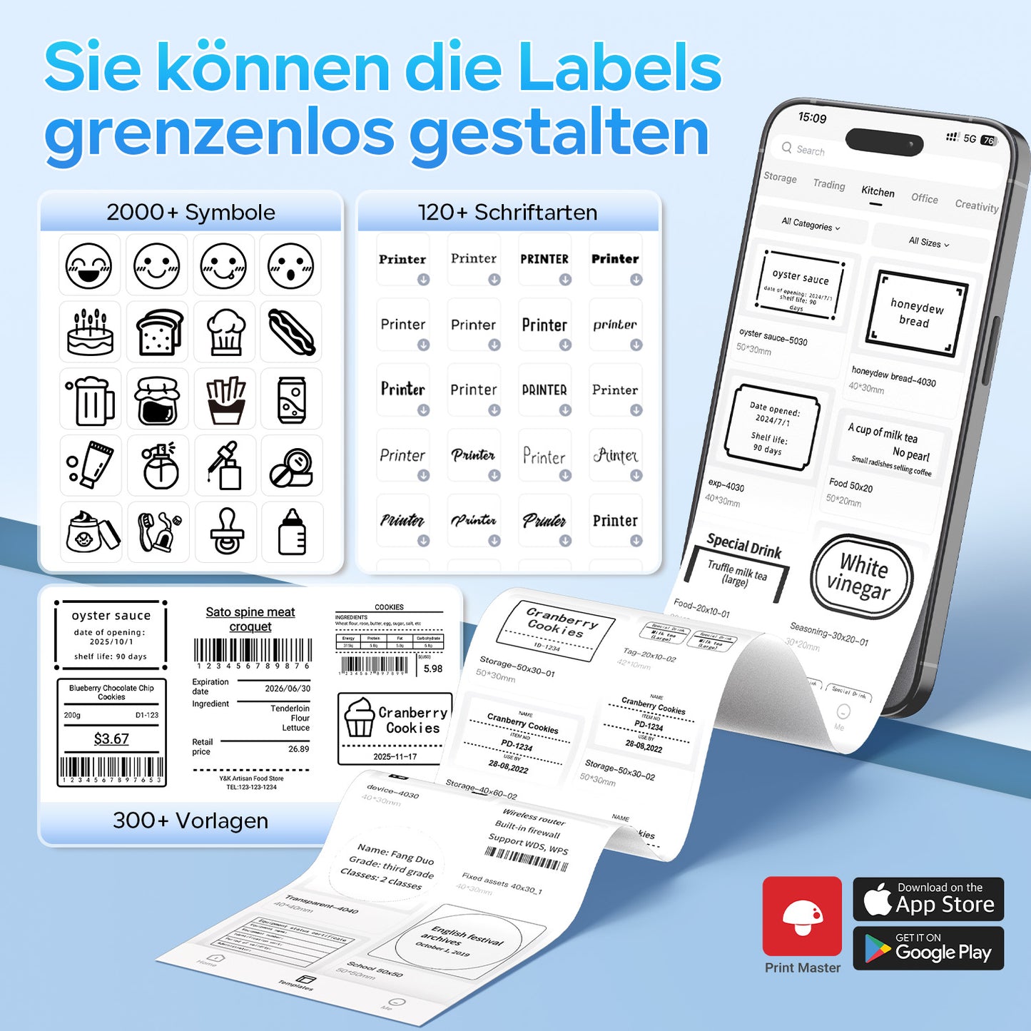 Memoking Etikettendrucker Selbstklebend, Bluetooth Label Printer mit 2000 Symbolen und 300 Vorlagen,Thermo Sticker Labeldrucker für Einzelhandel, kleine Unternehmen, Schule, Heim mit Handys & PC
