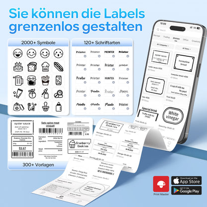 Memoking Etikettendrucker Selbstklebend, Bluetooth Label Printer mit 2000 Symbolen und 300 Vorlagen,Thermo Sticker Labeldrucker für Einzelhandel, kleine Unternehmen, Schule, Heim mit Handys & PC