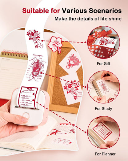 Memoking T02 / M02X / M02L Red on White Thermal Paper Roll, T02 Mini Printer Sticker Paper, T02 Sticker Paper, T02 Mini Printer Paper, T02 Printer Paper Color, 2-Year Sticky 50mm x 3.5m, 3 Rolls