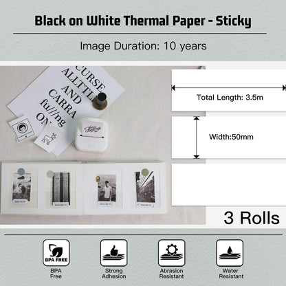 Memoking T02/M02X/M02L Wit thermisch papier - 10 jaar kleefbaar 50mmx3,5m voor journal fototeksten studienotities en meer, 3 rollen