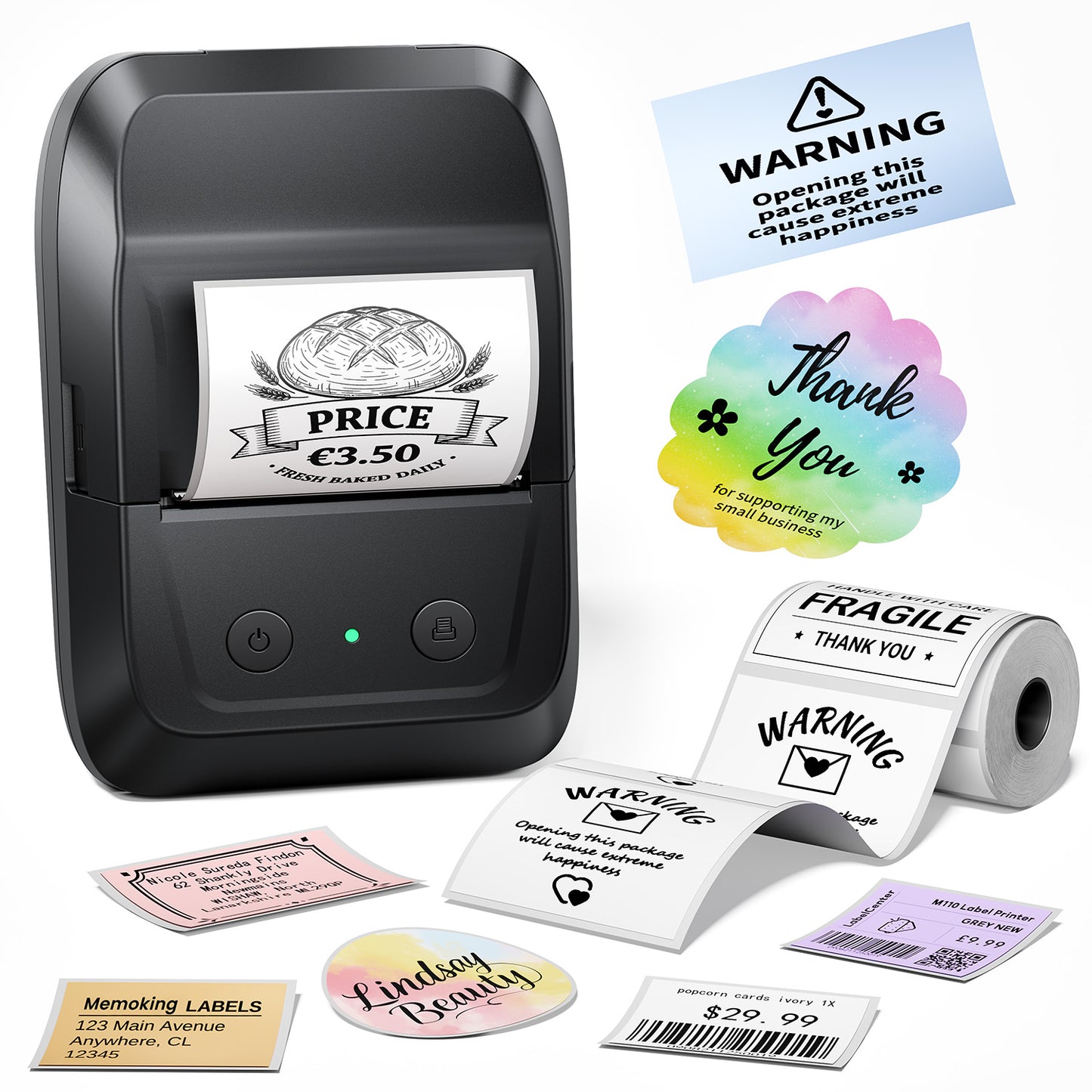 Memoking Etikettendrucker Selbstklebend, Bluetooth Label Printer mit 2000 Symbolen und 300 Vorlagen,Thermo Sticker Labeldrucker für Einzelhandel, kleine Unternehmen, Schule, Heim mit Handys & PC