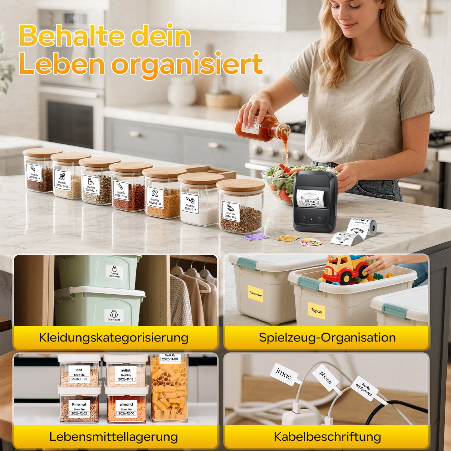 Memoking Etikettendrucker Selbstklebend, Bluetooth Label Printer mit 2000 Symbolen und 300 Vorlagen,Thermo Sticker Labeldrucker für Einzelhandel, kleine Unternehmen, Schule, Heim mit Handys & PC