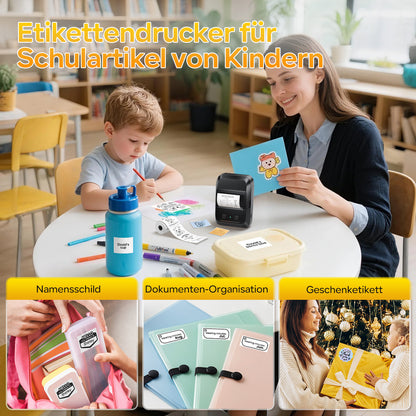 Memoking Etikettendrucker Selbstklebend, Bluetooth Label Printer mit 2000 Symbolen und 300 Vorlagen,Thermo Sticker Labeldrucker für Einzelhandel, kleine Unternehmen, Schule, Heim mit Handys & PC