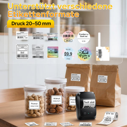 Memoking Etikettendrucker Selbstklebend, Bluetooth Label Printer mit 2000 Symbolen und 300 Vorlagen,Thermo Sticker Labeldrucker für Einzelhandel, kleine Unternehmen, Schule, Heim mit Handys & PC