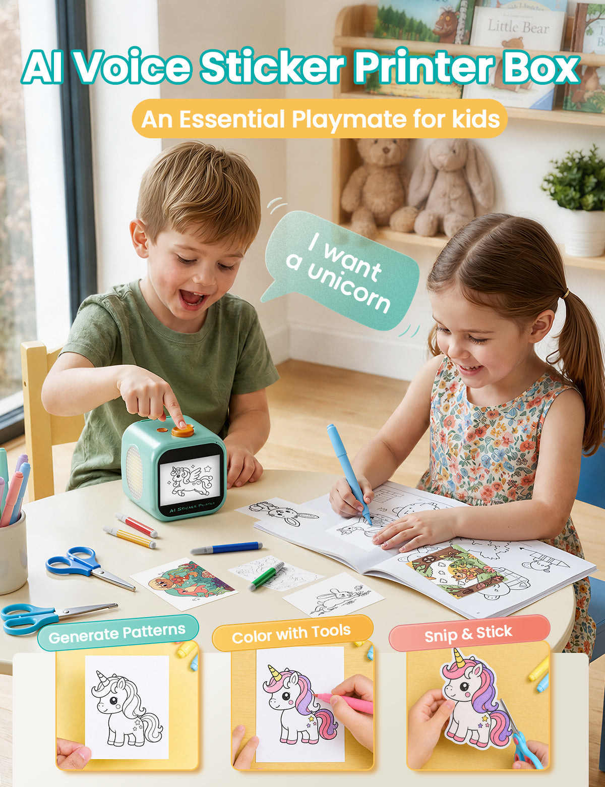 AI Voice Sticker Printer for Kids, Thermal Sticker Maker Box, DIY AI Mini Printer, Touchscreen Inkless, Sticker Maker Machine Box with 2 Paper Rolls & 4 Watercolor Pens Gift for Boys & Girls