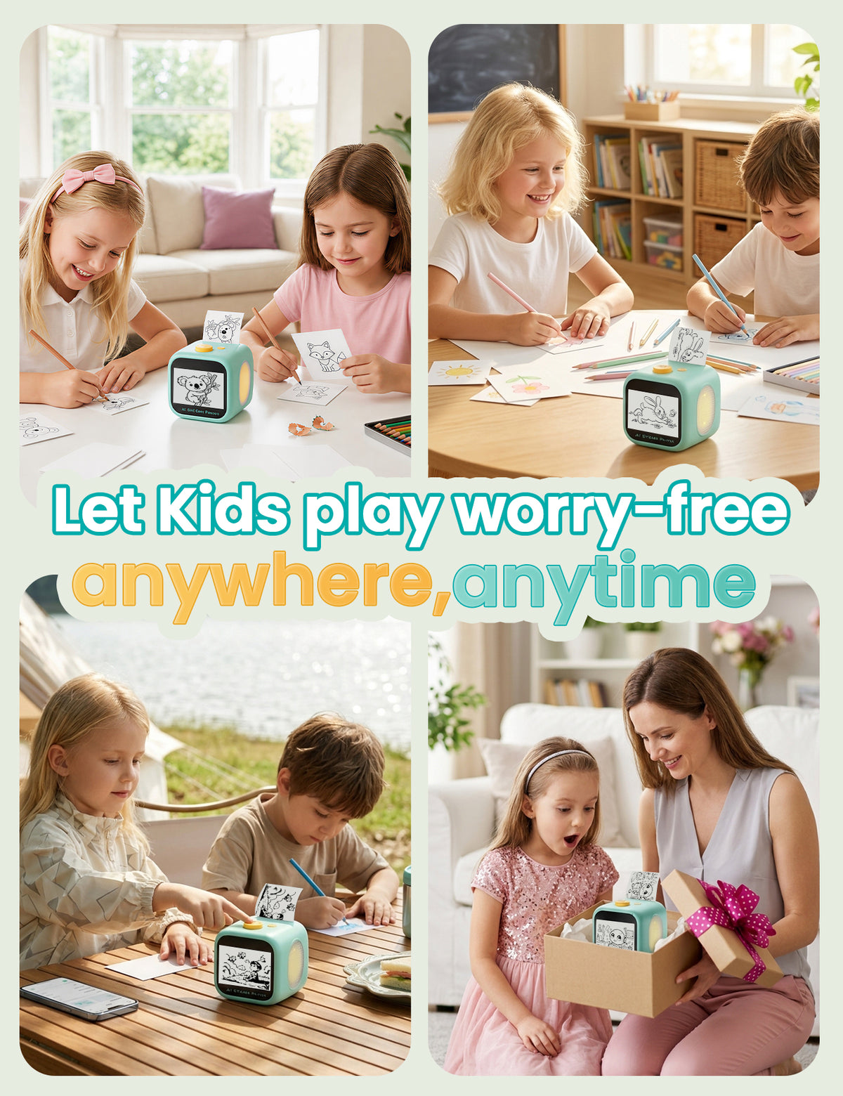 AI Voice Sticker Printer for Kids, Thermal Sticker Maker Box, DIY AI Mini Printer, Touchscreen Inkless, Sticker Maker Machine Box with 2 Paper Rolls & 4 Watercolor Pens Gift for Boys & Girls