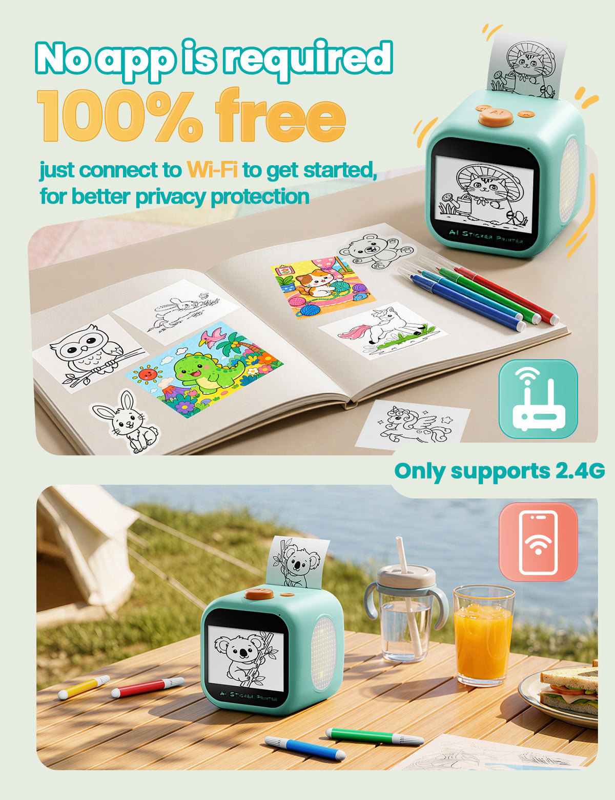 AI Voice Sticker Printer for Kids, Thermal Sticker Maker Box, DIY AI Mini Printer, Touchscreen Inkless, Sticker Maker Machine Box with 2 Paper Rolls & 4 Watercolor Pens Gift for Boys & Girls