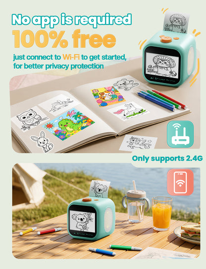AI Voice Sticker Printer for Kids, Thermal Sticker Maker Box, DIY AI Mini Printer, Touchscreen Inkless, Sticker Maker Machine Box with 2 Paper Rolls & 4 Watercolor Pens Gift for Boys & Girls