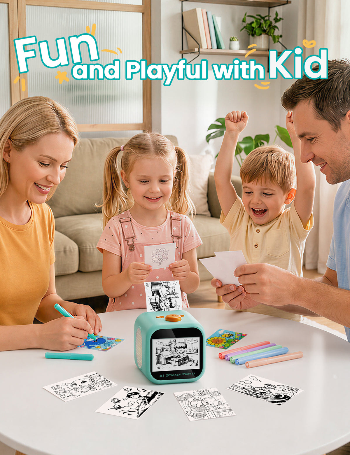 AI Voice Sticker Printer for Kids, Thermal Sticker Maker Box, DIY AI Mini Printer, Touchscreen Inkless, Sticker Maker Machine Box with 2 Paper Rolls & 4 Watercolor Pens Gift for Boys & Girls