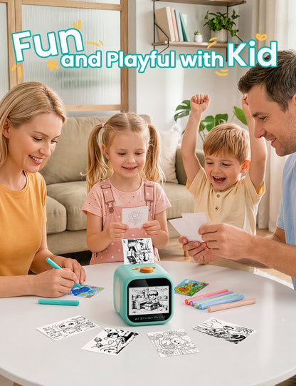 AI Voice Sticker Printer for Kids, Thermal Sticker Maker Box, DIY AI Mini Printer, Touchscreen Inkless, Sticker Maker Machine Box with 2 Paper Rolls & 4 Watercolor Pens Gift for Boys & Girls