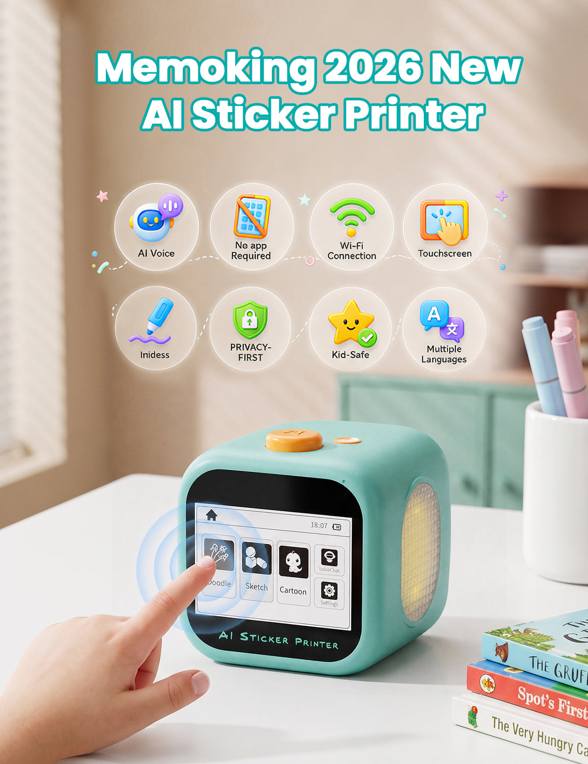 AI Voice Sticker Printer for Kids, Thermal Sticker Maker Box, DIY AI Mini Printer, Touchscreen Inkless, Sticker Maker Machine Box with 2 Paper Rolls & 4 Watercolor Pens Gift for Boys & Girls