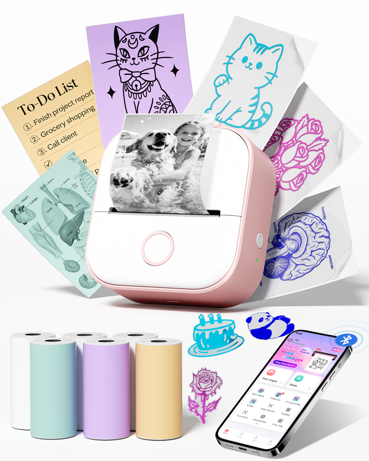 Memoking Sticker Printer T02 Sticker Maker Machine with 6 Rolls Paper Gifts for Teen Girls, Portable AI Mini Printer Sticker Makerm, Bluetooth Print Pod for Study Note, Journal, Photos, DIY, Gift