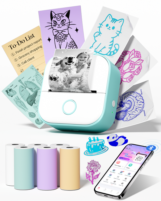 Memoking Mini Sticker Printer T02 Mini Thermal Printer with 6 Rolls Paper Bluetooth AI Sticker Maker for Kids, Sticker Printer Gift for Teen Girls & Boys, for Study Note, Journal, Photos, DIY, Gift