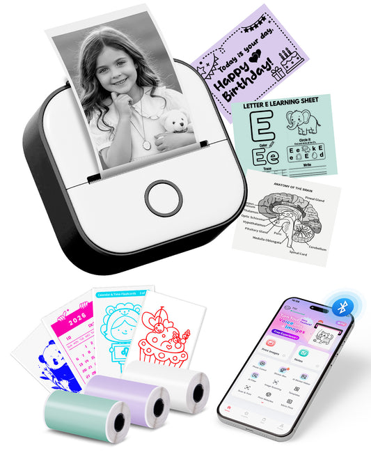 Memoking Mini Printer - Sticker Printer T02 Inkless Sticker Maker Machine Portable Mini Thermal Printer, Sticker Maker Machine for Study Graphics, Anatomical Diagrams, Photos, DIY, Gift, Birthdays